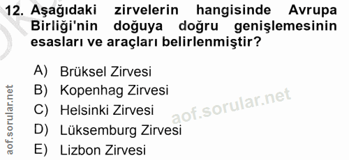 12. soru: Aşağıdaki zirvelerin hangisinde Avrupa Birliği'nin doğuya doğru genişlemesinin esasları ve araçları belirlenmiştir? A…
