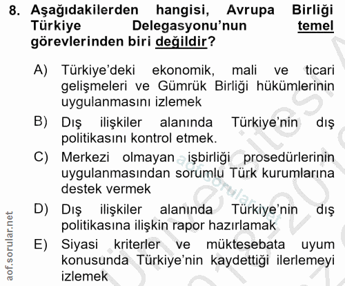 8. soru: Aşağıdakilerden hangisi, Avrupa Birliği Türkiye Delegasyonu'nun temel görevlerinden biri değildir? A) Türkiye'deki ek…