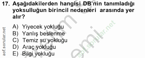 17. soru: Aşağıdakilerden hangisi DB'nin tanımladığı yoksulluğun birincil nedenleri arasında yer alır? A) Yiyecek yokluğu ir.ne…