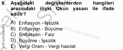 9. soru: Aşağıdaki değişkenlerden hangileri arasındaki ilişki Okun yasası ile ifade edilir? B) Enflasyon - Büyüme-of.sorular n…