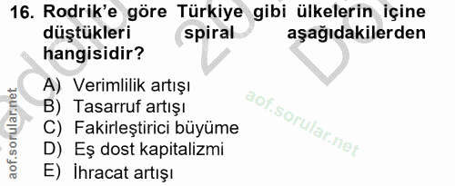 16. soru: Rodrik'e göre Türkiye gibi ülkelerin içine düştükleri spiral aşağıdakilerden hangisidir? A) Verimlilik artışı B) Tasa…