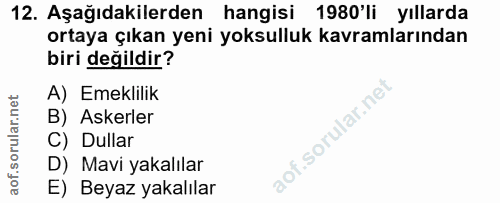 12. soru: Aşağıdakilerden hangisi 1980'li yıllarda ortaya çıkan yeni yoksulluk kavramlarından biri değildir? A) Emeklilik B) As…
