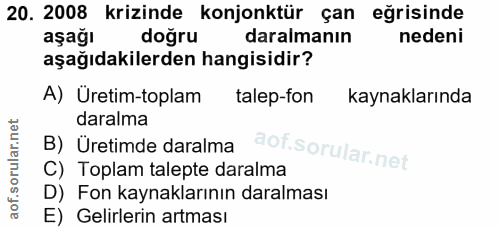 20. soru: 2008 krizinde konjonktür çan eğrisinde aşağı doğru daralmanın nedeni aşağıdakilerden hangisidir? A) Üretim-toplam tal…