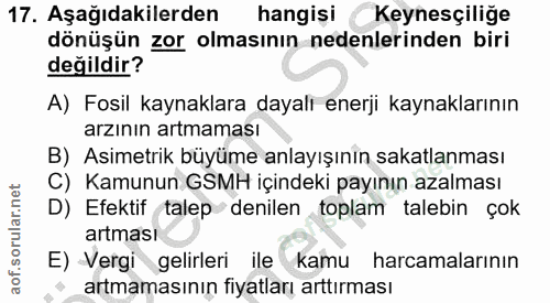 17. soru: Aşağıdakilerden hangisi Keynesçiliğe dönüşün zor olmasının nedenlerinden biri değildir? A) Fosil kaynaklara dayalı en…