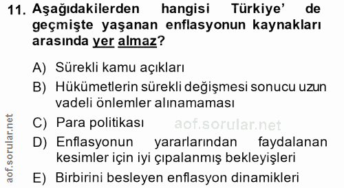 11. soru: Aşağıdakilerden hangisi Türkiye' de geçmişte yaşanan enflasyonun kaynakları arasında yer almaz? A) Sürekli kamu açıkl…