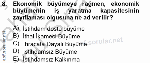 8. soru: Ekonomik büyümeye rağmen, ekonomik büyümenin iş yaratma kapasitesinin zayıflaması olgusuna ne ad verilir? A) İstihdam…