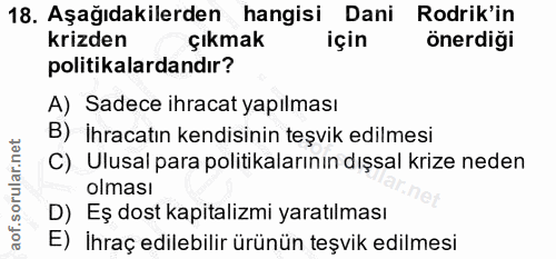 18. soru: Aşağıdakilerden hangisi Dani Rodrik'in krizden çıkmak için önerdiği politikalardandır? A) Sadece ihracat yapılması B)…