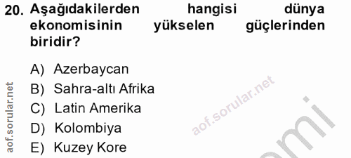 20. soru: Aşağıdakilerden hangisi dünya ekonomisinin yükselen güçlerinden biridir? A) Azerbaycan B) Sahra-altı Afrika C) Latin…