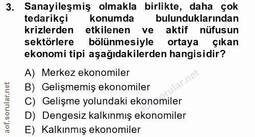 3. soru: Sanayileşmiş olmakla birlikte, daha çok tedarikçi konumda bulunduklarindan krizlerden etkilenen ve aktif nüfusun sekt…