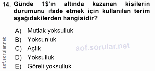 14. soru: Günde 1$'ın altında kazanan kişilerin durumunu ifade etmek için kullanılan terim aşağıdakilerden hangisidir? A) Mutla…