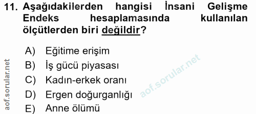 11. soru: Aşağıdakilerden hangisi insani Gelişme Endeks hesaplamasında kullanılan ölçütlerden biri değildir? A) Egitime erişim…