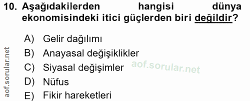 10. soru: Aşağıdakilerden hangisi dünya ekonomisindeki itici güçlerden biri değildir? A) Gelir dağılımı B) Anayasal değişiklikl…