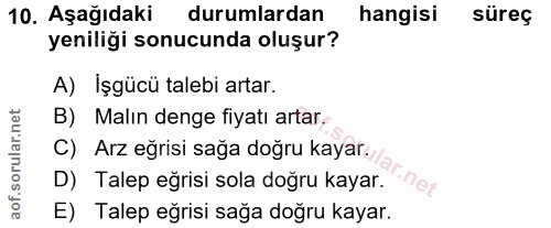 10. soru: Aşağıdaki durumlardan hangisi süreç yeniliği sonucunda oluşur? A) İşgücü talebi artar. B) Malın denge fiyati artar, C…