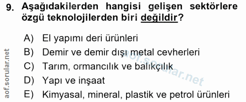 9. soru: Aşağıdakilerden hangisi gelişen sektörlere özgü teknolojilerden biri değildir? A) El yapımı deri ürünleri B) Demir ve…