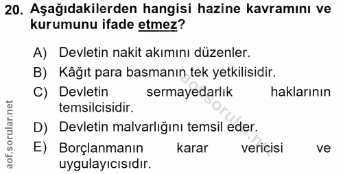 20. soru: Aşağıdakilerden hangisi hazine kavramını ve kurumunu ifade etmez? A) Devletin nakit akımını düzenler. B) Käğıt para b…