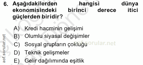 6. soru: Aşağıdakilerden hangisi dünya ekonomisindeki birinci derece itici güçlerden biridir? A) Kredi hacminin gelişimi B) Ol…