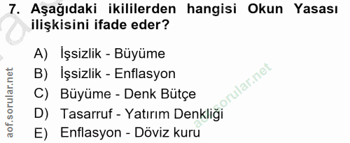 7. soru: Aşağıdaki ikililerden hangisi Okun Yasası ilişkisini ifade eder? A) Işsizlik - Büyüme B) İşsizlik - Enflasyon ;orular…
