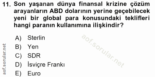 11. soru: Son yaşanan dünya finansal krizine çözüm arayanların ABD dolarının yerine geçebilecek yeni bir global para konusundak…