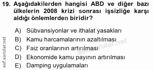 19. soru: Aşağıdakilerden hangisi ABD ve diğer bazı ülkelerin 2008 krizi sonrası işsizliğe karşı aldığı önlemlerden biridir? A)…