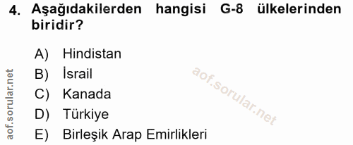 4. soru: Aşağıdakilerden hangisi G-8 ülkelerinden biridir? A) Hindistan B) İsrail C) Kanada D) Türkiye E) Birleşik Arap Emirli…