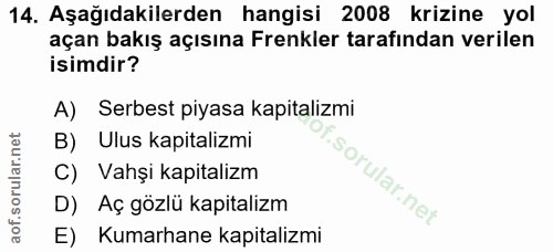 14. soru: Aşağıdakilerden hangisi 2008 krizine yol açan bakış açısına Frenkler tarafından verilen isimdir? A) Serbest piyasa ka…