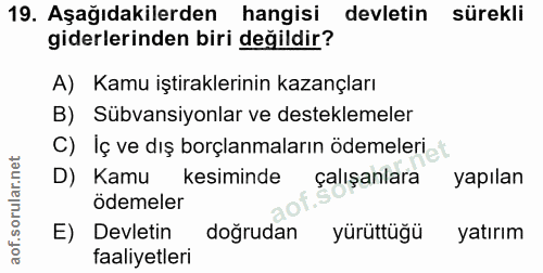 19. soru: Aşağıdakilerden hangisi devletin sürekli giderlerinden biri değildir? A) Kamu iştiraklerinin kazançları B) Sübvansiyo…