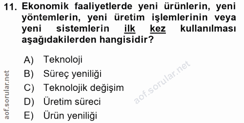 11. soru: Ekonomik faaliyetlerde yeni ürünlerin, yeni yöntemlerin, yeni üretim işlemlerinin veya yeni sistemlerin ilkkez kullan…