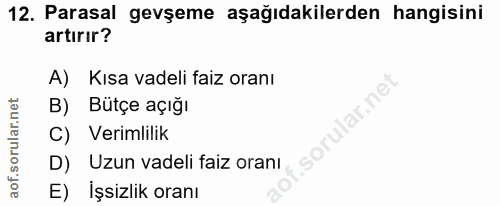 12. soru: Parasal gevşeme aşağıdakilerden hangisini artırır? A) Kısa vadeli faiz oranı B) Bütçe açığı C) Verimlilik D) Uzun vad…