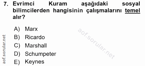 7. soru: Evrimci Kuram aşağıdaki sosyal bilimcilerden hangisinin çalışmalarını temel alır? A) Marx B) Ricardo aof.sorular.n C)…