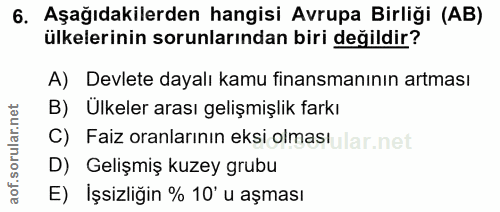 6. soru: Aşağıdakilerden hangisi Avrupa Birliği (AB) ülkelerinin sorunlarından biri değildir? A) Devlete dayalı kamu finansman…