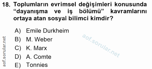 18. soru: Toplumların evrimsel değişimleri konusunda "dayanışma ve iş bölümü" kavramlarını ortaya atan sosyal bilimci kimdir? A…