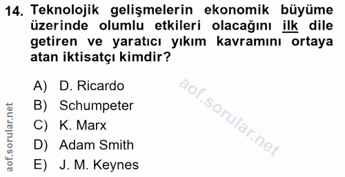 14. soru: Teknolojik gelişmelerin ekonomik büyüme üzerinde olumlu etkileri olacağını ilk dile getiren ve yaratıcı yıkım kavramı…