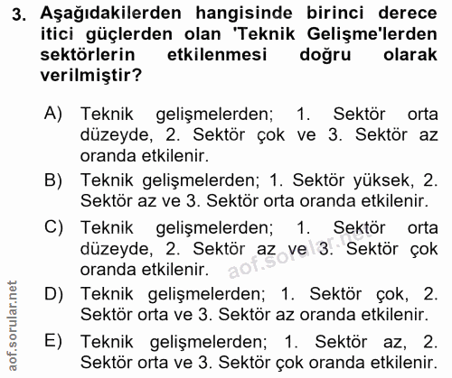 3. soru: Aşağıdakilerden hangisinde birinci derece itici güçlerden olan 'Teknik Gelişme'lerden sektörlerin etkilenmesi doğru o…