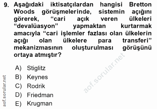 9. soru: Aşağıdaki iktisatçılardan hangisi Bretton Woods görüşmelerinde, sistemin açığını görerek, "cari açık veren ülkeleri "…