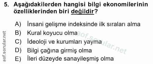 5. soru: Aşağıdakilerden hangisi bilgi ekonomilerinin özelliklerinden biri değildir? A) İnsani gelişme indeksinde ilk sıraları…