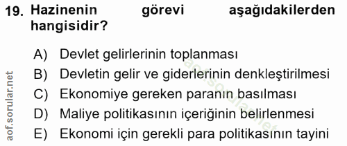 19. soru: Hazinenin görevi aşağıdakilerden hangisidir? A) Devlet gelirlerinin toplanması B) Devletin gelir ve giderlerinin denk…