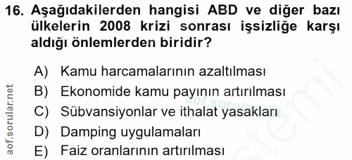 16. soru: Aşağıdakilerden hangisi ABD ve diğer bazı ülkelerin 2008 krizi sonrası işsizliğe karşı aldığı önlemlerden biridir? A)…