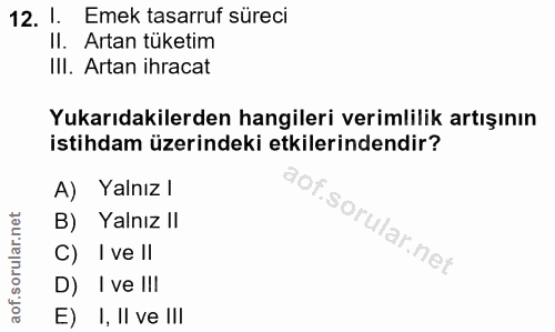 12. soru: I Emek tasarruf süreci II. Artan tüketim III. Artan ihracat Yukarıdakilerden hangileri verimlilik artışının istihdam…