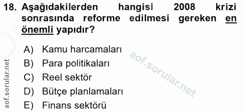18. soru: Aşağıdakilerden hangisi 2008 krizi sonrasında reforme edilmesi gereken en önemli yapıdır? A) Kamu harcamaları B) Para…