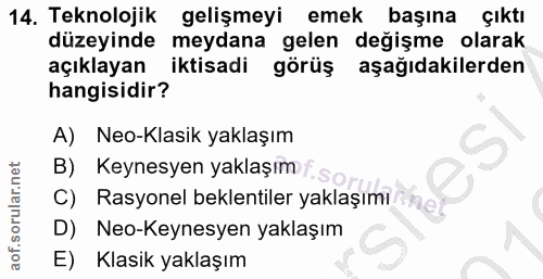 14. soru: Teknolojik gelişmeyi emek başına çıktı düzeyinde meydana gelen değişme olarak açıklayan iktisadi görüş aşağıdakilerde…