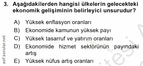 3. soru: Aşağıdakilerden hangisi ülkelerin gelecekteki ekonomik gelişiminin belirleyici unsurudur? Yüksek enflasyon oranları B…