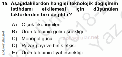 15. soru: Aşağıdakilerden hangisi teknolojik değişimin istihdamı etkilemesi için düşünülen faktörlerden biri değildir? A) Ölçek…