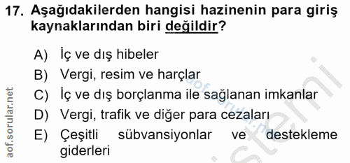 17. soru: Aşağıdakilerden hangisi hazinenin para giriş kaynaklarından biri değildir? A) Iç ve dış hibeler B) Vergi, resim ve ha…