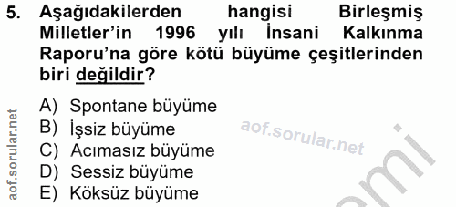 5. soru: Aşağıdakilerden hangisi Birleşmiş Milletler'in 1996 yılı Insani Kalkınma Raporu'na göre kötü büyüme çeşitlerinden bir…