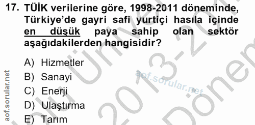17. soru: TUIK verilerine göre, 1998-2011 döneminde, Türkiye'de gayri safi yurtiçi hasıla içinde en düşük paya sahip olan sektö…
