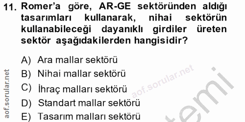 11. soru: Romer'a göre, AR-GE sektöründen aldığı tasarımları kullanarak, nihai sektörün kullanabileceği dayanıklı girdiler üret…