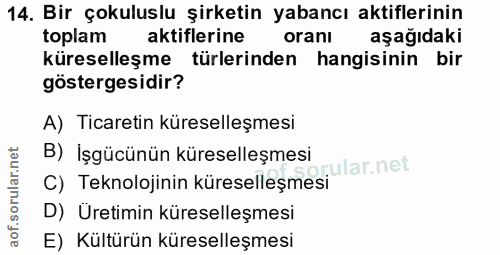 14. soru: Bir çokuluslu şirketin yabancı aktiflerinin toplam aktiflerine oranı aşağıdaki küreselleşme türlerinden hangisinin bi…