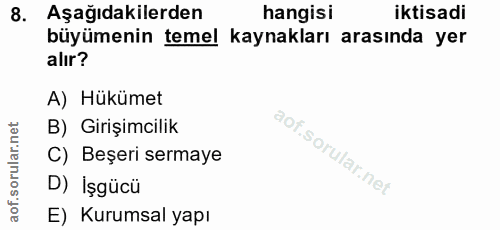 8. soru: Aşağıdakilerden hangisi iktisadi büyümenin temel kaynakları arasında yer alır? A) Hükümet B) Girişimcilik C) Beşeri s…