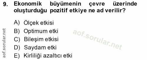 9. soru: Ekonomik büyümenin çevre üzerinde oluşturduğu pozitif etkiye ne ad verilir? A) Ölçek etkisi B) Optimum etki C) Bileşi…