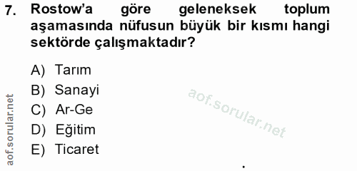 7. soru: Rostow'a göre geleneksek toplum aşamasında nüfusun büyük bir kısmı hangi sektörde çalışmaktadır? A) Tarım B) Sanayi C…